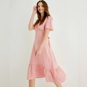 Grae Cove Adelita 100% Linen Belted Ruffle Trim Midi Dress In Soft Pink